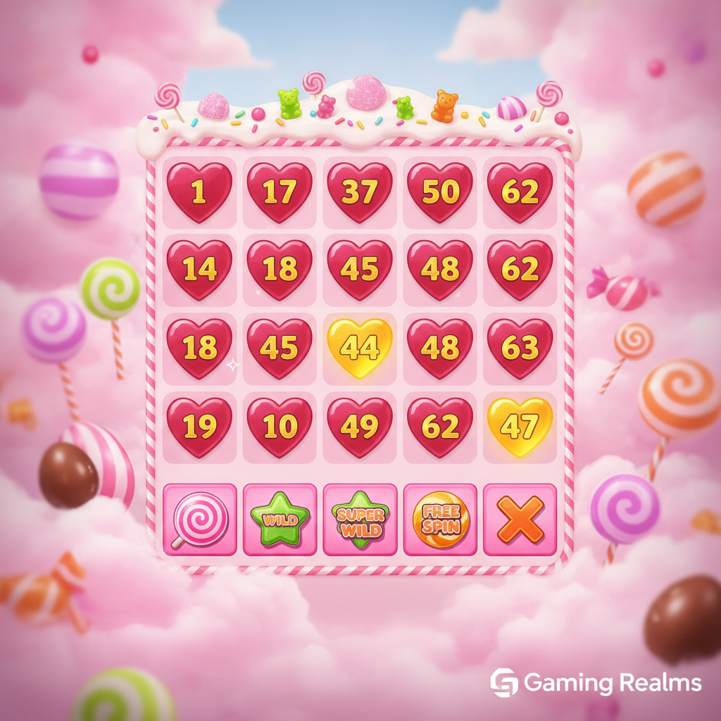 Slingo Sweet Bonanza 5x5 Bingo-Raster mit bunten Herz-Bonbons, Lollipops und Süssigkeiten in Pink, Lila und Limette auf Zuckerwattewolken-Hintergrund