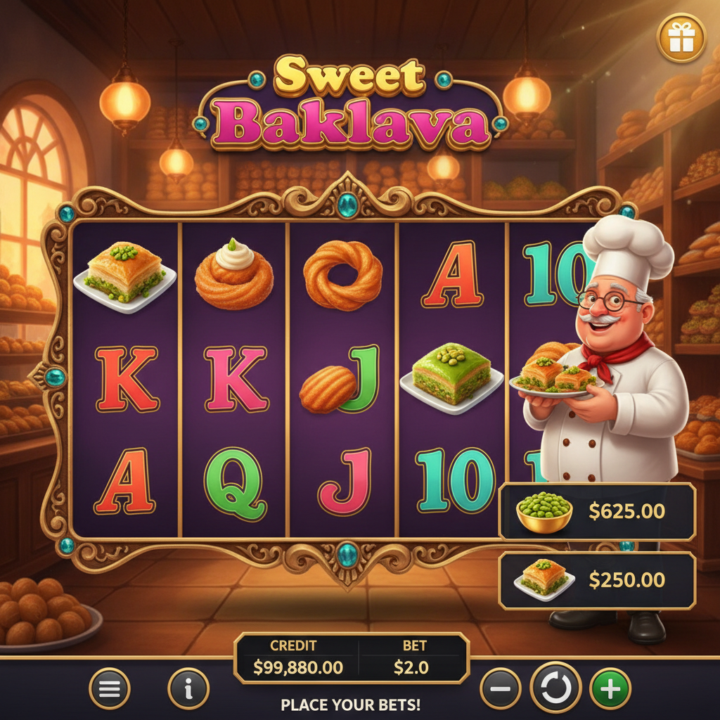 Sweet Baklava Slot von Pragmatic Play: Türkische Konditorei mit Baklava-Symbolen, Koch-Charakter und goldenem Walzenrahmen auf violettem Hintergrund