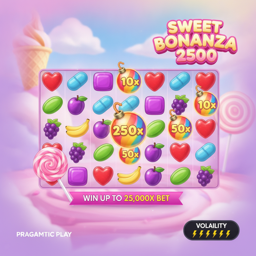 Sweet Bonanza 2500 Spielfeld mit bunten Bonbons, Früchten, Herzen, Multiplier-Bomben bis 2500x und Lollipop Scatter-Symbol auf pinkem Hintergrund