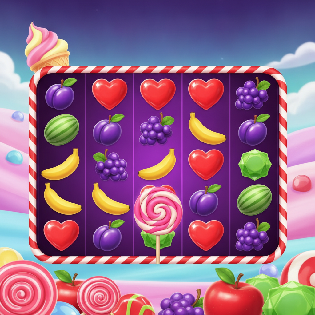 Sweet Bonanza Spielautomat mit bunten Süssigkeiten, Früchten, Herz-Bonbons, Spirallutscher und Multiplikatoren auf lila Walzen mit Zuckerstangen-Rahmen