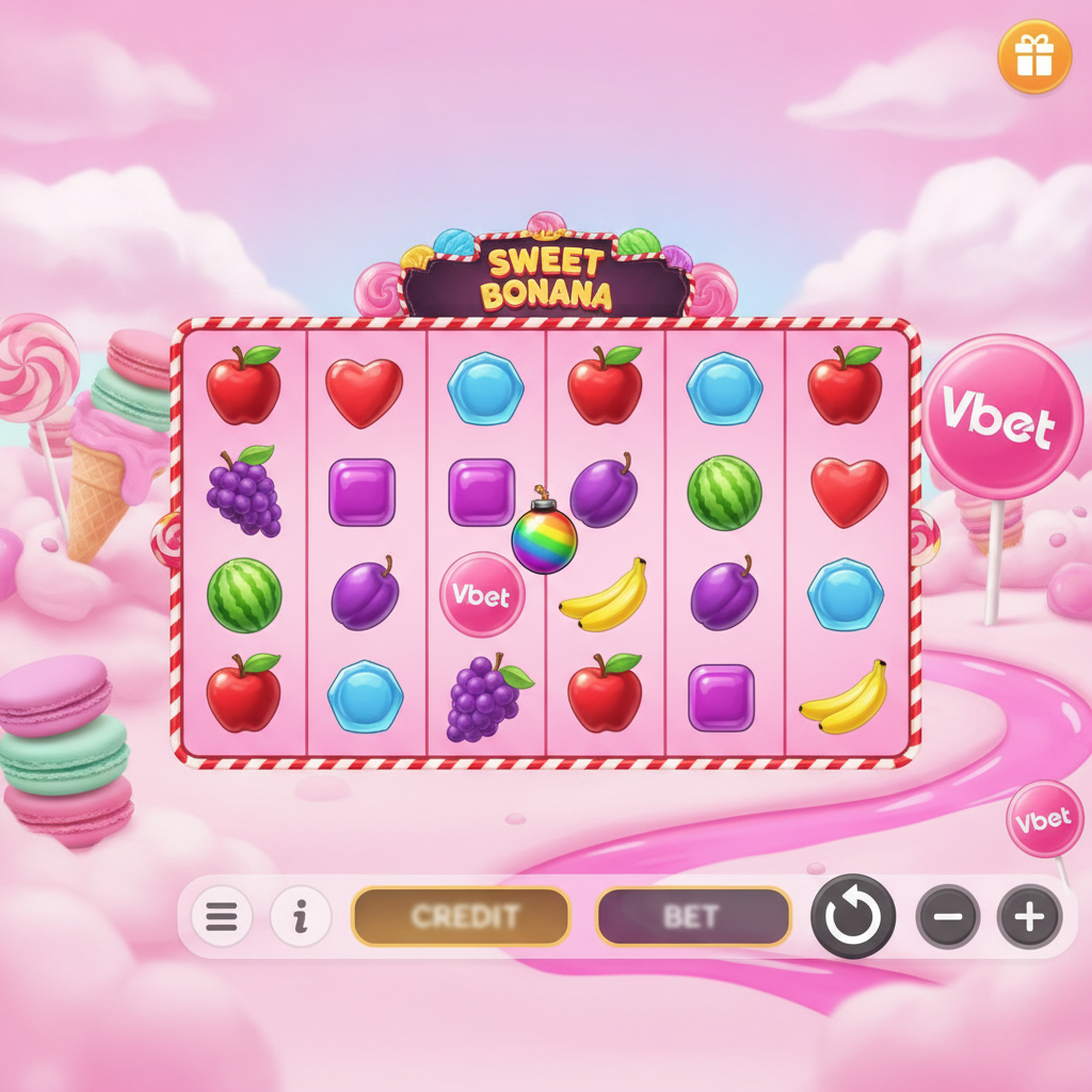 Sweet Bonanza Slot mit bunten Früchten und Bonbons auf 6x4 Raster, Vbet Lollipop Scatter und Multiplikator-Bomben