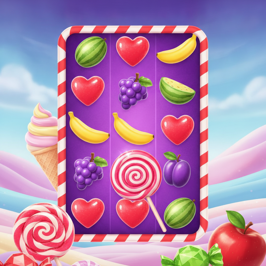 Sweet Bonanza Slot mit bunten Lutscher-Symbolen, Früchten und Bonbons auf lila Spielfeld mit Zuckerwatte-Hintergrund