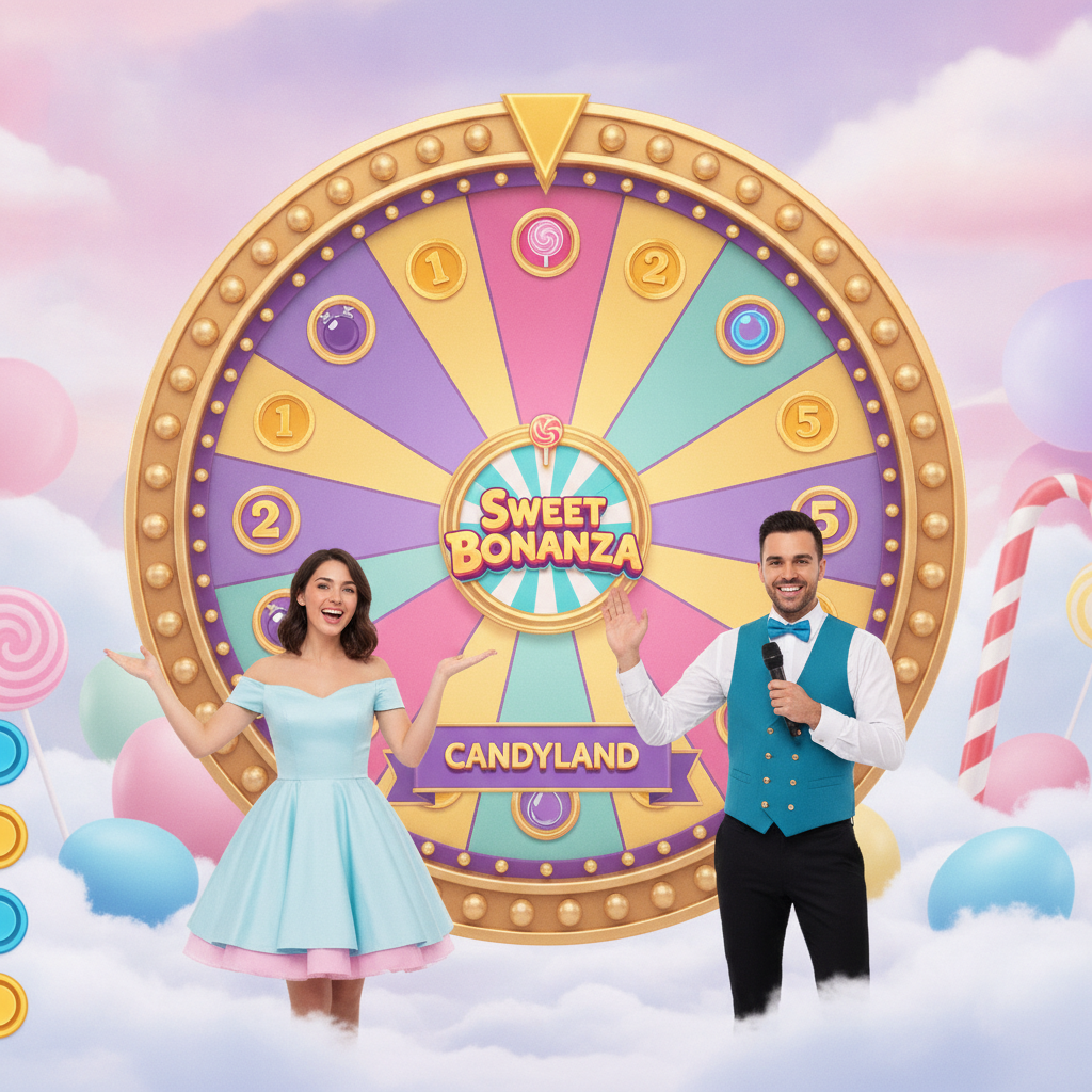 Sweet Bonanza CandyLand Live-Spielrad mit Bonussegmenten, Präsentatoren und Candy-Landschaft im Hintergrund