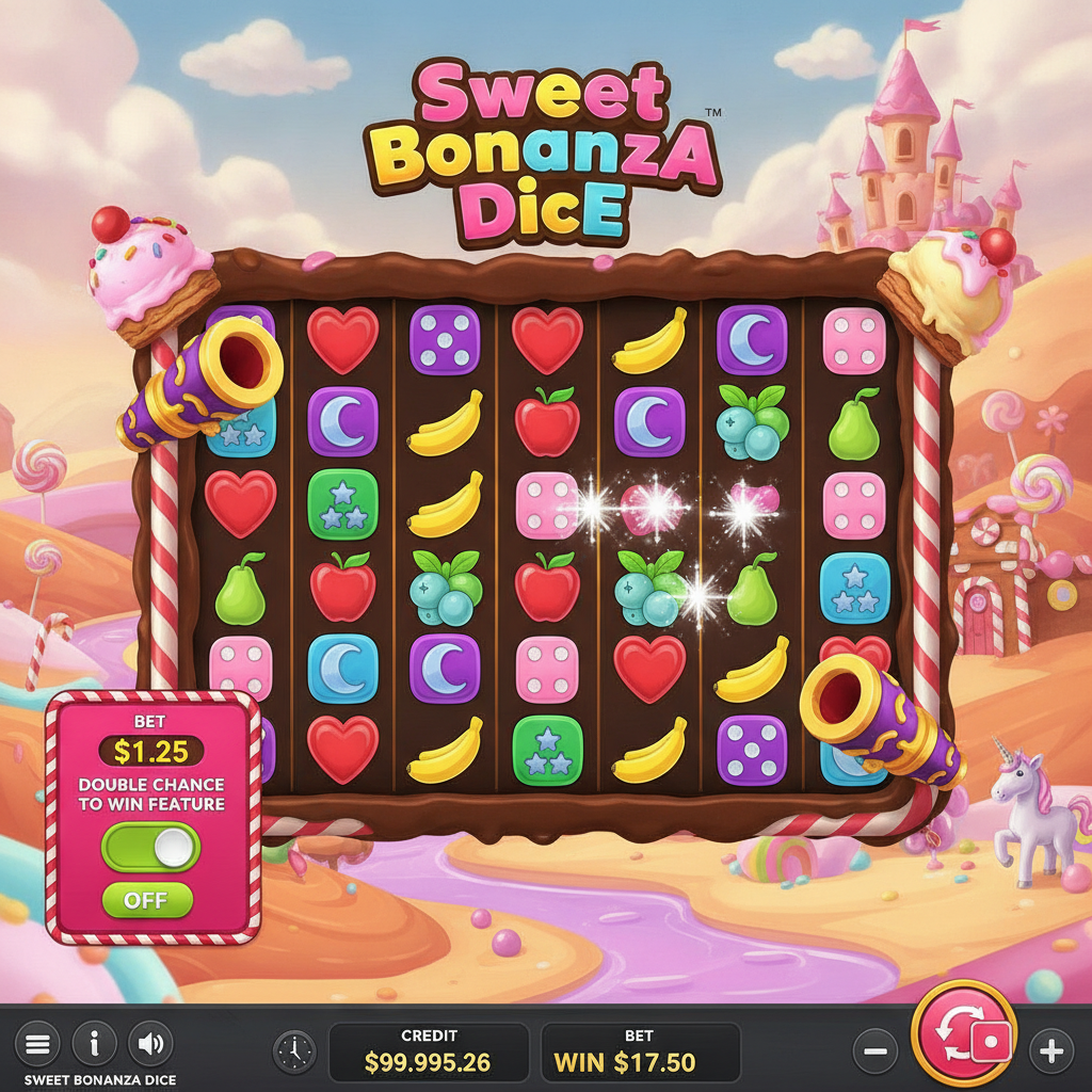 Sweet Bonanza Dice Spielautomat mit bunten Würfelsymbolen, Herz, Mond, Sternen und Früchten auf 6x5 Grid mit Bonbonland-Hintergrund