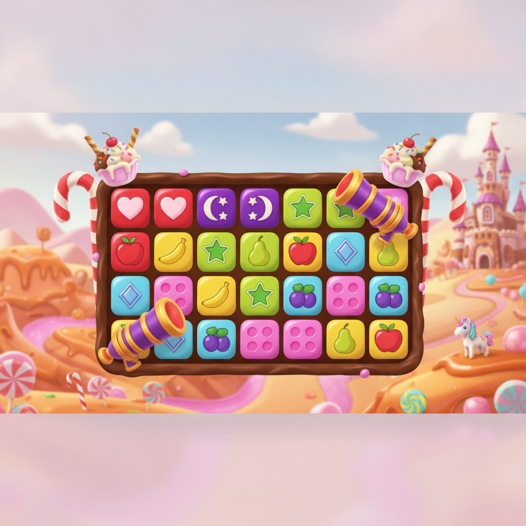 Sweet Bonanza Dice Slot mit 6x5 Würfel-Raster, bunten Herz-, Mond-, Stern- und Frucht-Symbolen in Candy-Welt mit Zuckerstangen und Süssigkeiten-Hintergrund