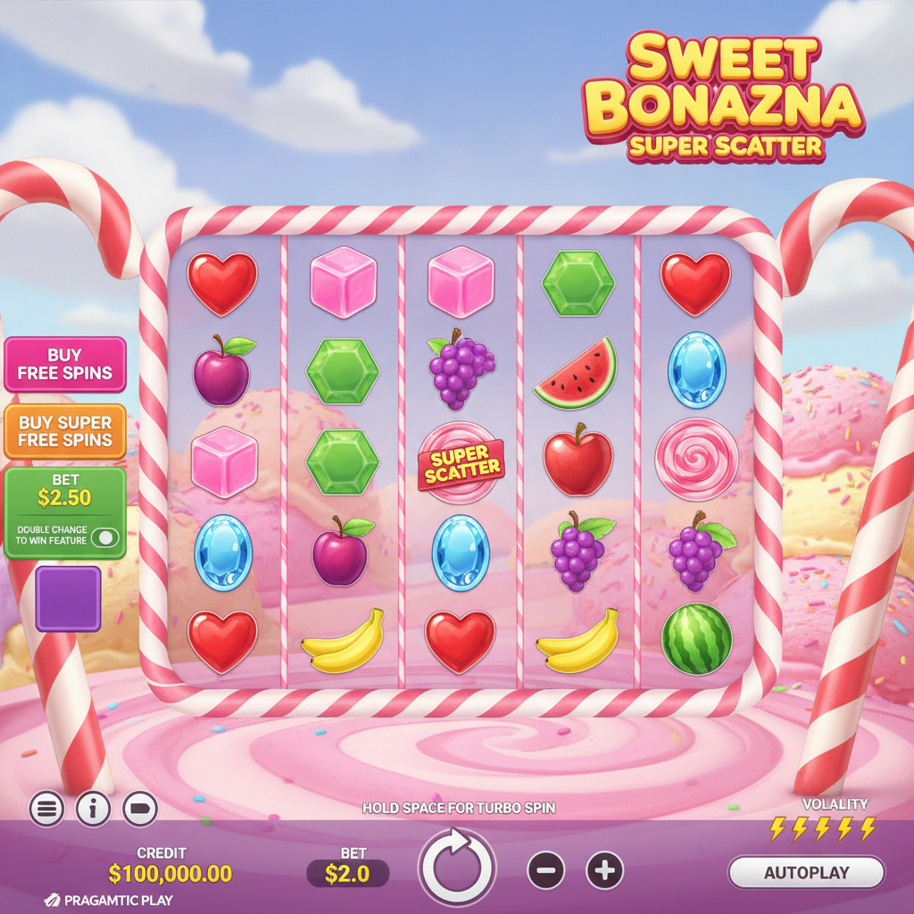 Sweet Bonanza Super Scatter Slot mit bunten Süssigkeiten, Früchten, Herz-Symbol und rosa Lollipop Scatter auf 6x5 Raster mit Bonbons-Landschaft