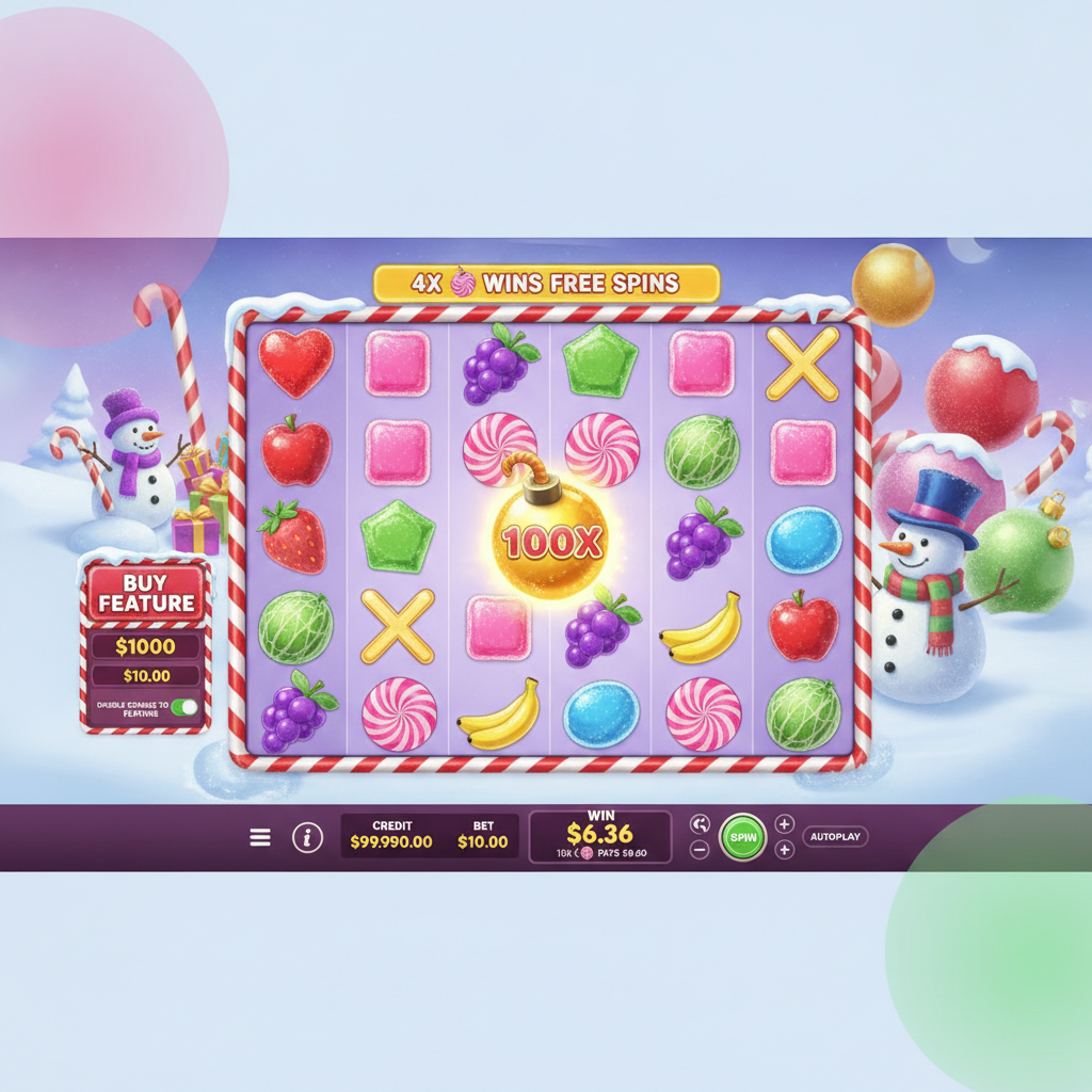 Sweet Bonanza Xmas Slot mit verschneiten Bonbons, Früchten, Lutscher-Scatter und goldenen Multiplikator-Bomben auf 6x5 Grid mit Candy-Cane-Rahmen