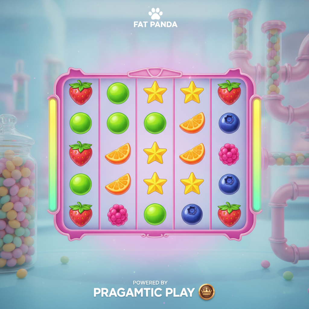 Sweet Burst Slot mit bunten Candy-Symbolen wie Stern, Limette, Erdbeere, Orange und Himbeere in einem rosa Süssigkeiten-Labor