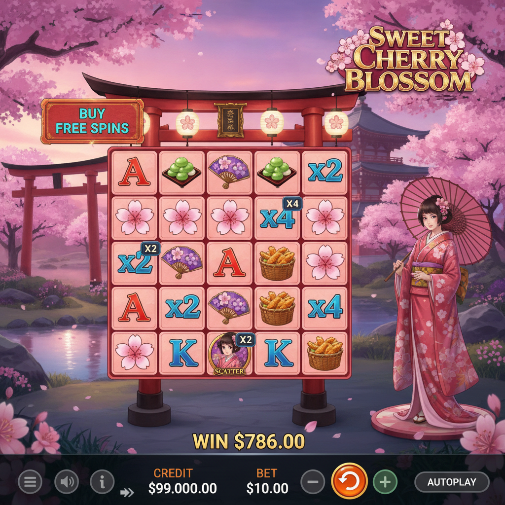 Sweet Cherry Blossom Slot mit japanischem Garten, Kirschblüten, Torii-Tor, Geisha in rosa Kimono und 7x7 Spielraster