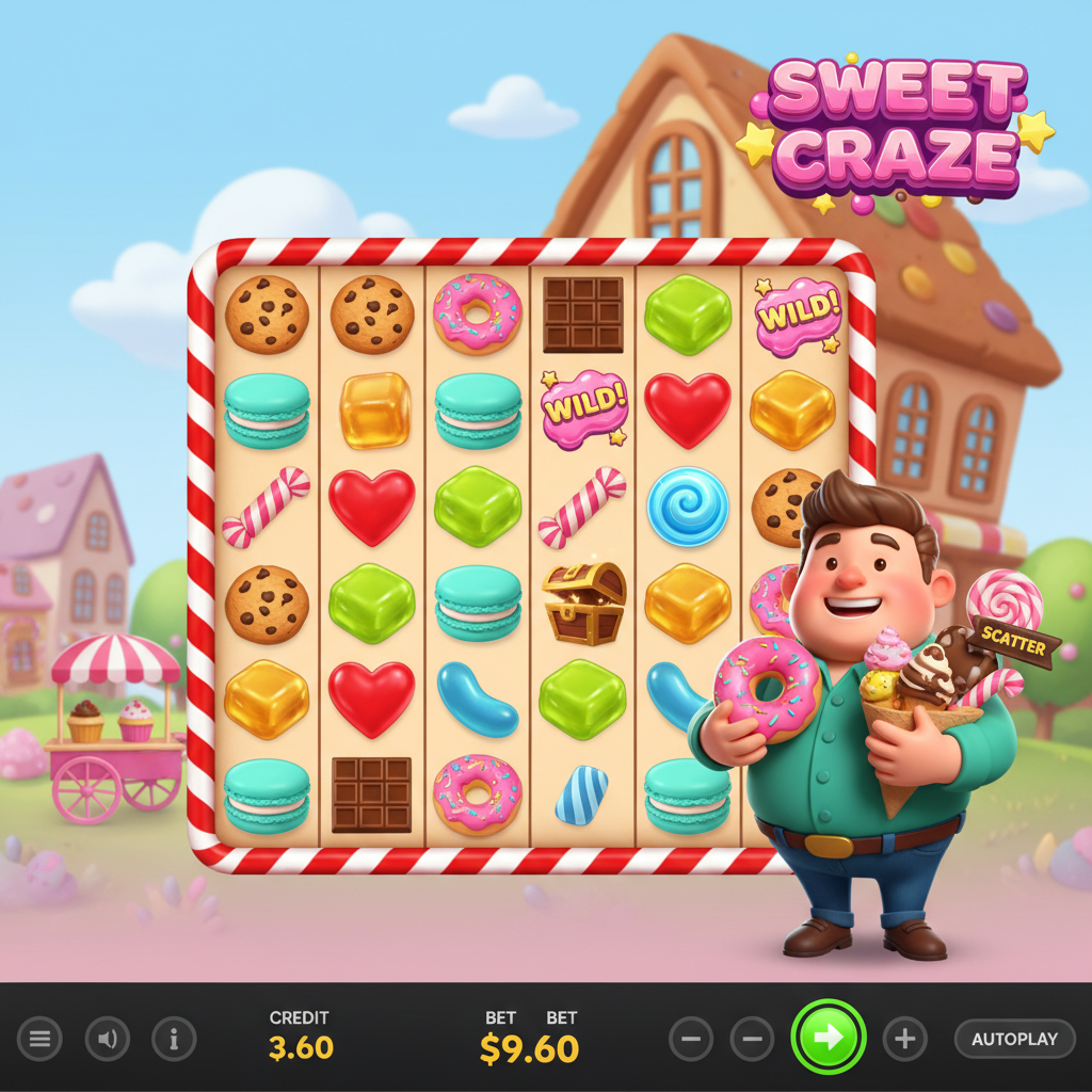 Sweet Craze Slot 7x7 Spielfeld mit bunten Süssigkeiten, Keksen, Donuts, Schokolade und Makronen