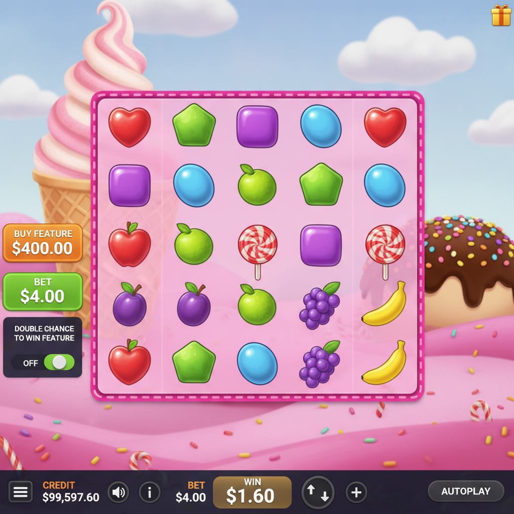 Sweet Fiesta Spielautomat mit bunten Bonbons, Früchten und 6x5 Spielfeld in Candy-Land-Kulisse