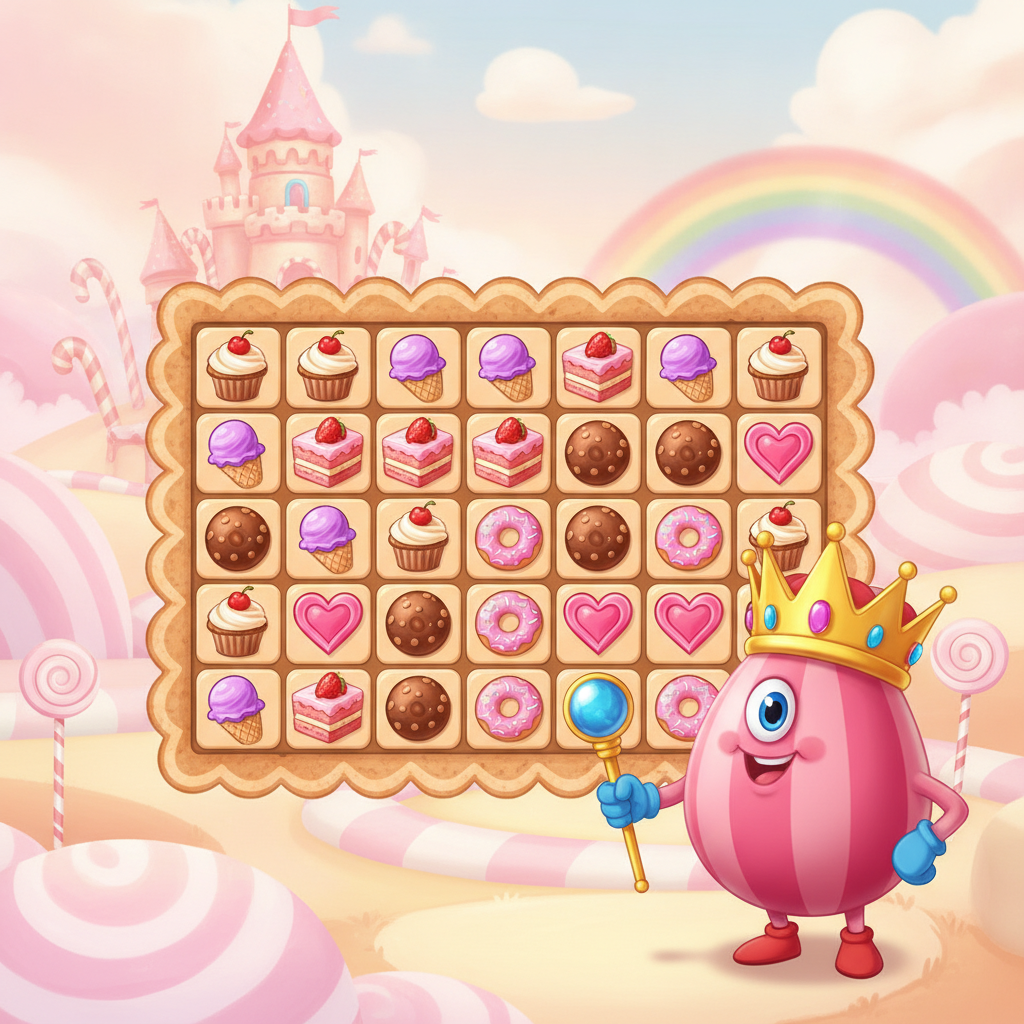 Sweet Kingdom Slot von Pragmatic Play mit 7x7 Raster, Cupcakes, Lollipops, Donuts und Candy-Schloss im Hintergrund