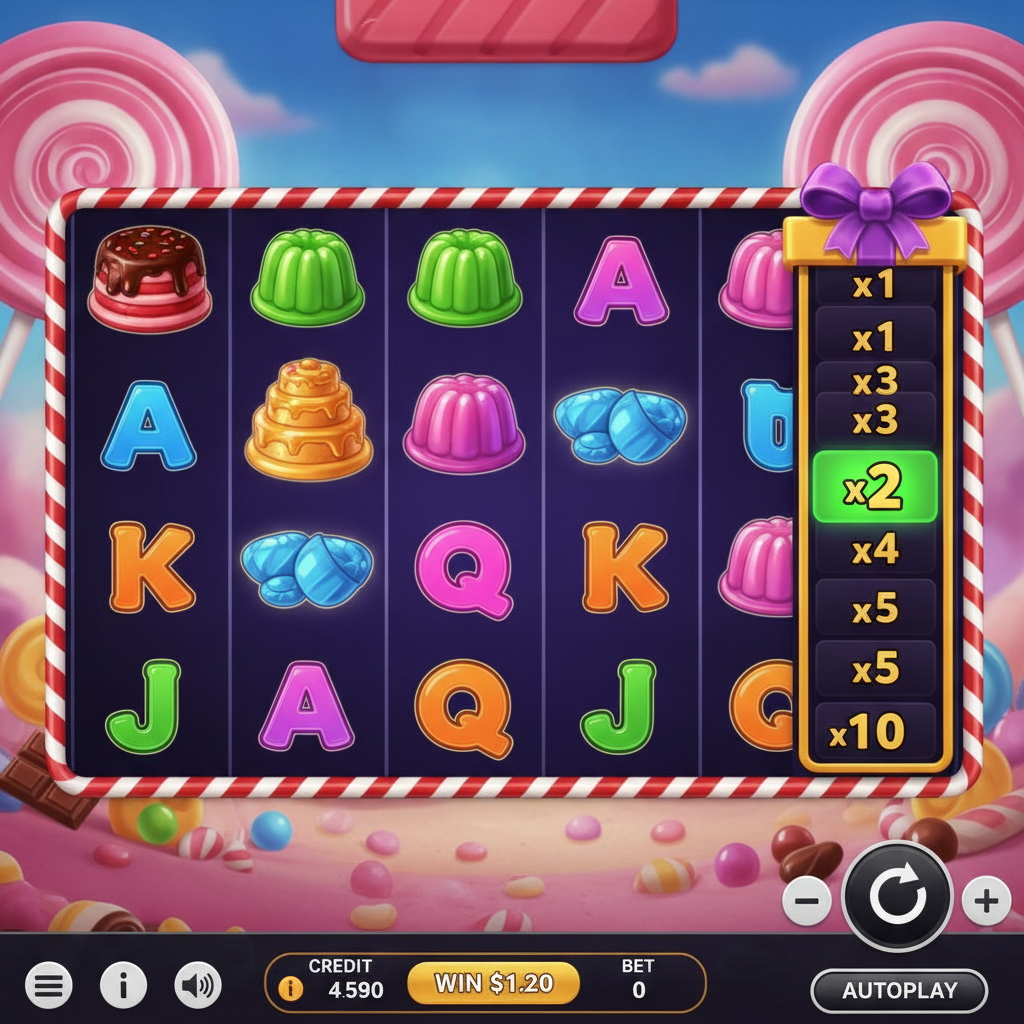Sweet PowerNudge Slot mit bunten Süssigkeiten, Gelee-Symbolen und Candy-Cane-Rahmen auf 6x5 Raster